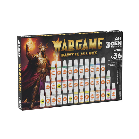 AK Interactive 3GEN: Wargame Paint It All Box - 36 Colors + 2 Brushes + Mat (AK11782)