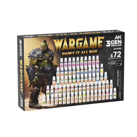 AK Interactive 3GEN: Wargame Paint It All Box - 72 Colors + 2 Brushes + Mat (AK11783)