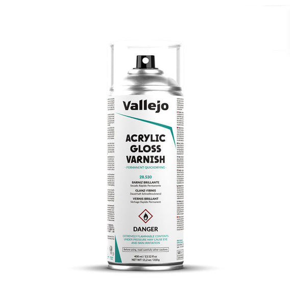 Vallejo Hobby Paint Spray: Acrylic Gloss Varnish (400ml) (28.530) - SLOW SHIPPING, READ SHIPPING RESTRICTIONS BEFORE BUYING