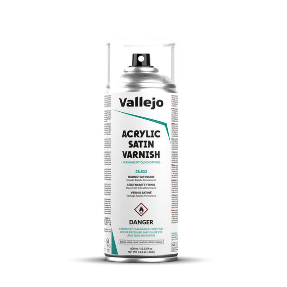 Vallejo Hobby Paint Spray: Acrylic Satin Varnish (400ml) (28.532) - SLOW SHIPPING, READ SHIPPING RESTRICTIONS BEFORE BUYING